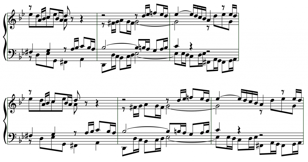 Bars 29–31 of BWV 861; above, justification disabled; below, justification enabled.