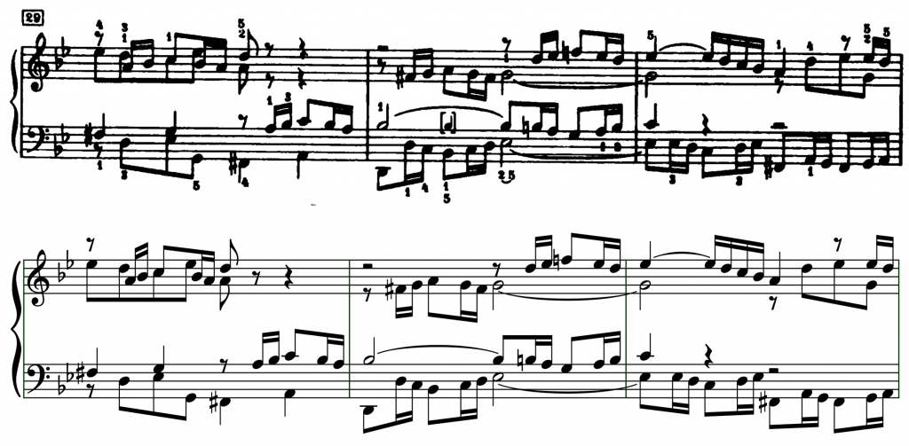 Bars 29–31 of BWV 861; above, an extract from the Edition Peters engraving, 1937; below, an extract from our in-development application.