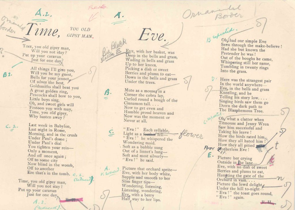 A galley proof of a poem by Ralph Hodgson. Image courtesy of the special collections at Bryn Mawr College Library.