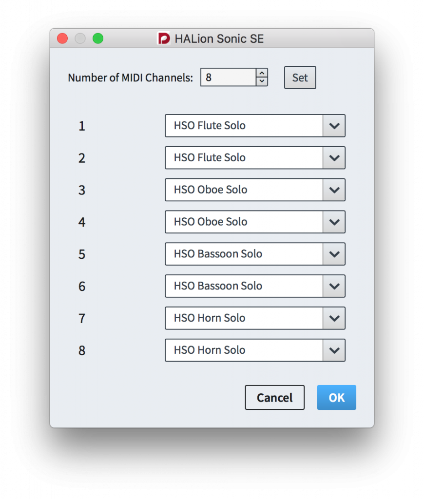 Endpoint Setup dialog, showing 8 out of 16 channels from HALion Sonic SE.